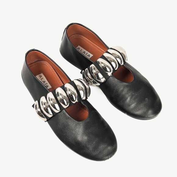 Alaia Shoes - Alaia Noir Lambskin Mary-Jane Ballerina Flats Tribale